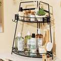 VITVITI 2 Tier Corner Bathroom Counter Organizer, Metal Bathroom Countertop Organizer Shelf Storage, Bath Room Sink Makeup Organizers for Vanity Perfume Skincare with Hooks, Black