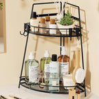 VITVITI 2 Tier Corner Bathroom Counter Organizer, Metal Bathroom Countertop Organizer Shelf Storage, Bath Room Sink Makeup Organizers for Vanity Perfume Skincare with Hooks, Black