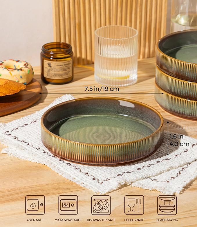 theterra 7.5'' Ceramic Pasta Bowls, Salad Bowls Set of 4, Stoneware Serving Bowls for Fruits, Noodle, Dinner, House-warming Wedding Present, Sage Umber