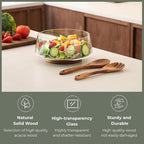 muso wood Salad Bowl Set Large-capacity Glass Salad Bowl with Acacia Wood Base and Salad Spoon-fork Perfect for Family Gatherings and Dinner Parties Mix Effortlessly