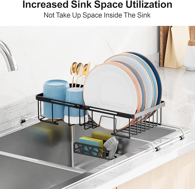 iSPECLE Small Sink Dish Drying Rack, Expandable Narrow Rust Resistant Dish Drainer for RV Apartment Kitchen, Dish Rack with Tightening Knob, Arms with Non Slip Rubber, 9.2" W x 16.6"-24" L, Black