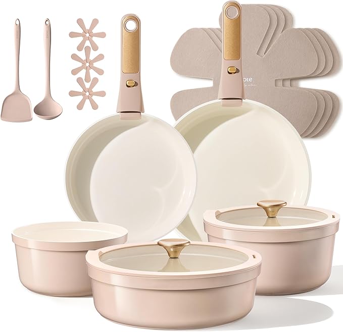 CAROTE 18 Pcs Ceramic Cookware Set Titanium Nonstick with Detachable Handles, Non Toxic Cookware, Pots and Pans Set Non Stick Removable Handles, Induction Available, Kitchen Cooking, Dishwasher Safe
