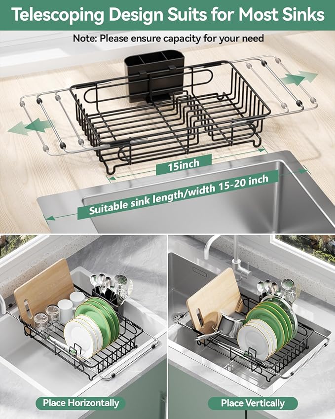Expandable Dish Drying Rack for in-Sink, Over-Sink, and Counter Use, Dish Drainer with Removable Cutlery Holder, Space Saving & No Assembly Needed 10.5" W x 15" L