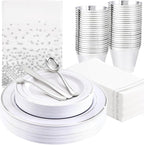GATHER 176 Pieces Silver Plates - Disposable Silver Plastic Plates Includes 50 Plates, 75 Silverware, 25 Napkins, 25 Silver Rimmed Cups and 1 Tablecloth Perfect for Party & Weding