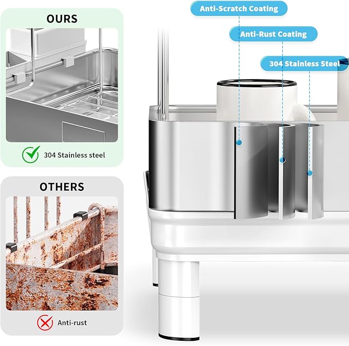 Ewaiira Dish Drying Rack, 2 Tier Large Dish Rack, Stainless Steel Dish Drainer for Kitchen Counter, Dishes Rack with Automatic Drainage, Utensil Holder&Cups Holder,Space Saving Kitchen Organizer,White