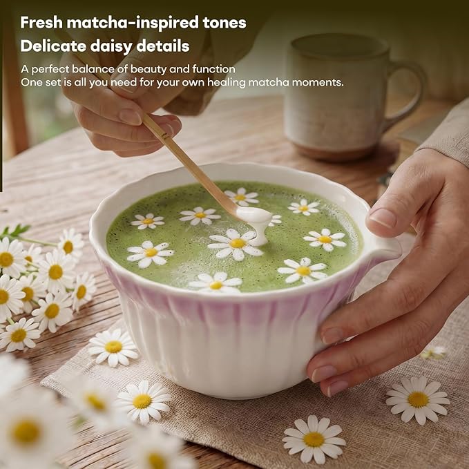 Matcha Whisk Set, Matcha Kit 5 Pcs, Daisy Matcha Bowl and Whisk Set with Sifter, Holder & Scoop，Japanese Ceremony Matcha Tea Making Tools, Complete Starter Set for Beginners, Purple