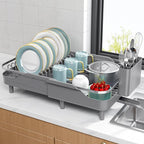 Urackify Expandable Dish Rack for Kitchen Counter, 16.14"-23.62" Large Stainless Steel Dish Drying Rack with Adjustable Water Spout, Space Saving Dish Drainer with Auto Draining Cutlery Holder,Grey