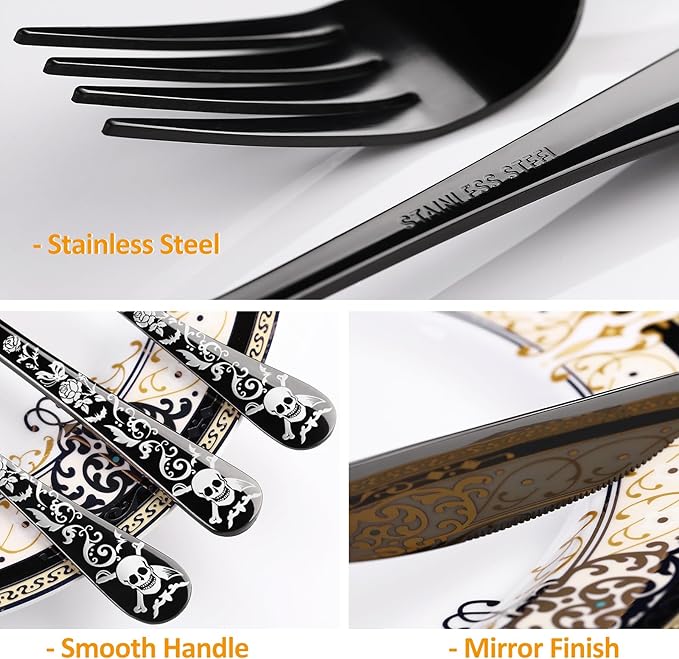 Skull Black Silverware Set for 8, 40-Piece Pirate Rose Flatware Set, Gothic Skeleton Flower Bat Knive Fork Spoon Cutlery Dinnerware for Decoration,Halloween horror,Christmas, Party, Gift,Housewarming