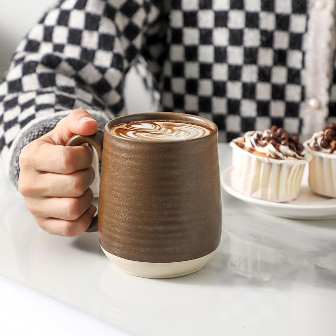 HASENSE Ceramic Coffee Mugs Set of 6, 15oz Large Coffee Mugs with Handle, Porcelain Coffee Cups for Coffee, Tea, Latte & Cappuccino, Microwave & Dishwasher Safe,Brown