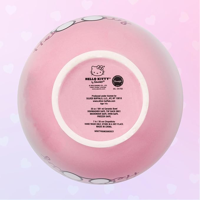 Silver Buffalo Sanrio Hello Kitty Waving Pink Ceramic Ramen Noodle Rice Bowl with Chopsticks, Microwave Safe, 20 Ounces,