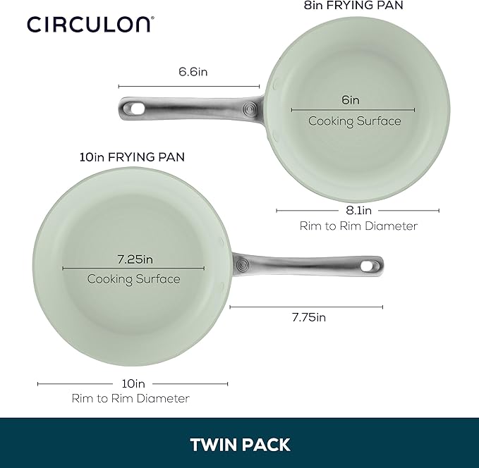 Circulon Halo with LaserDefense Ceramic Nonstick 2-Piece Skillet Set/Frying Pans, Made without PFAS, Compatible with All Stovetops, Dishwasher and Oven Safe, 8 Inch and 10 Inch Open Fry Pans - Sage