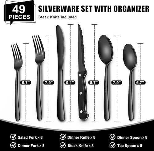 49-Piece Black Silverware Set with Organizer, Heavy Duty Stainless Steel Flatware for 8, Cutlery Utensil Sets with Steak Knives, Rust-proof, Mirror Polished, Dishwasher Safe, Black Heavy Duty