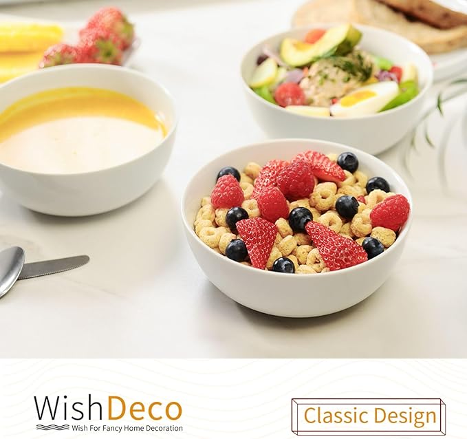 WishDeco Cereal Bowls Set of 4, White Soup Bowls 20 oz, Ceramic Breakfast Bowl 6 Inch, Kitchen Bowl for Salad, Pasta, Ramen, Oatmeal, Noodle, Rice, Microwave and Dishwasher Safe