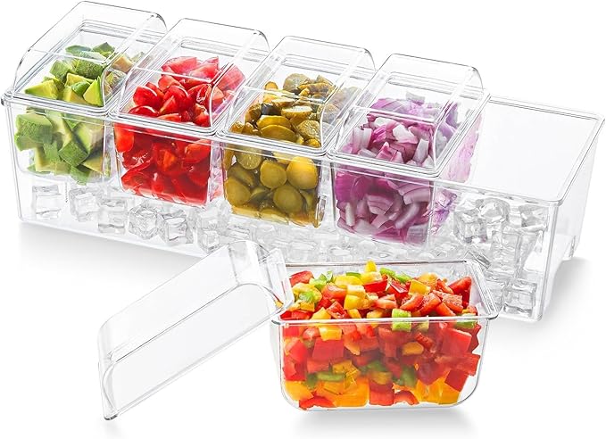 Lifewit Ice Chilled Condiment Caddy with 5 Containers, Condiment Server with Separate Lid, Serving Tray Platter with Removable Dishes for Bar Fruit Salad Taco Party Garnish, 39 x13cm/15x5