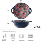 2 Pack Boho Ceramic Serving Bowls with Handles, 40 Oz Porcelain Salad Bowls, Large Serving Dishes for Entertaining, Mixing Bowls for Soup, Stew, Pasta, Cereal, Colorful Embossed Cute Bowls Set ALDS