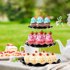BACUTHY 3 Tier Cupcake Stand Holder, Plastic Cup Cake Stand Towel with Tiered Serving Tray for Cupcakes, Donuts, Fruits and More, White (Black)