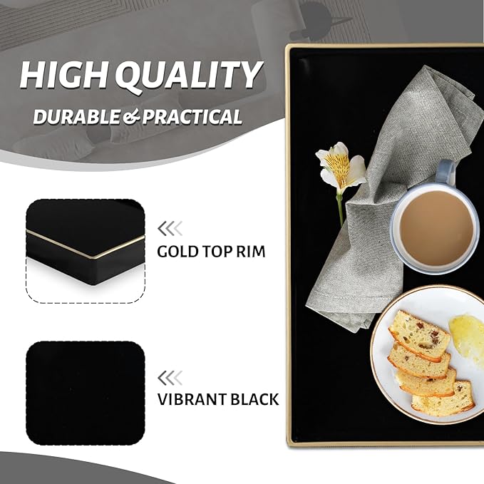 MAONAME Decorative Tray, Black Serving Tray with Handles, Coffee Table Trays, Square Plastic Trays for Ottoman, Bathroom, Kitchen, 13" x 13" x 1.57"