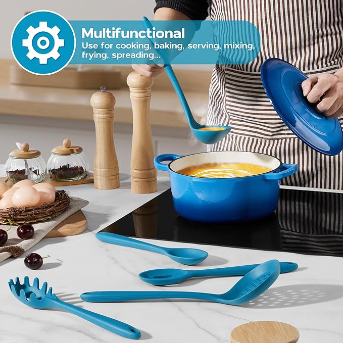 Onader Navy Blue Kitchen Utensils Set, Silicone Cooking Utensils Set of 10 with Turner Spoon Spatula Whisk Pasta Server, Dishwasher Safe