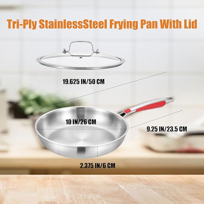 Inqibee 10 Inch Tri-Ply Stainless Steel Frying Pan with Lid, Skillet, Induction Cooking Pan, Heavy Duty and Dishwasher Safe, Detachable Handle
