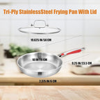 Inqibee 10 Inch Tri-Ply Stainless Steel Frying Pan with Lid, Skillet, Induction Cooking Pan, Heavy Duty and Dishwasher Safe, Detachable Handle
