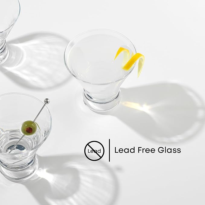 JoyJolt Afina Stemless Martini Glasses Set of 6, 8.5oz Liquor Drinking Glasses for Cocktail and Margarita, Bar Glass Cups, Glass Dessert Cups