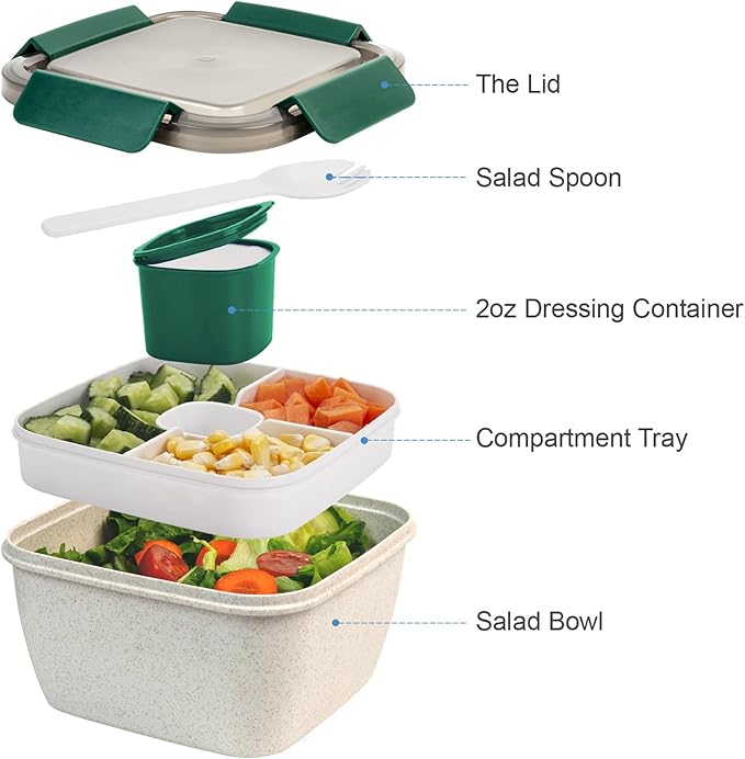 Freshmage Salad Lunch Container To Go, 52-oz Salad Bowls with 3 Compartments, Salad Dressings Container for Salad Toppings, Snacks, Men, Women (Straw White)