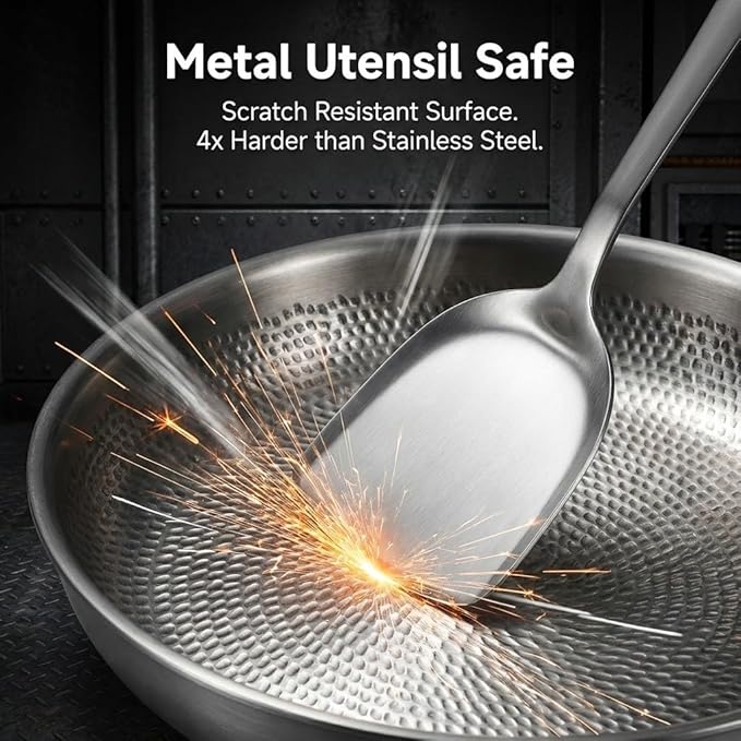 Titanium Frying Pan with Lid, 12" Uncoated Hammered Skillet for Cooking, PFAS/PFOA/PTFE Free Nonstick Cookware, Scratch Resistant, for Induction & Gas, Oven, Dishwasher Safe, Fine