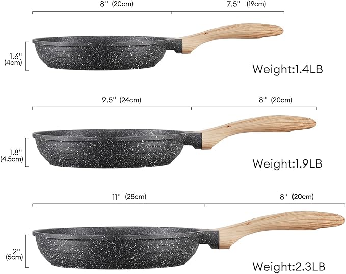JEETEE Non Stick Frying Pan Set, Frying Pans Nonstick, Omelette Skillet with Soft Touch Handle, 3-Piece Cookware Set 8 Inch 9.5 Inch 11 Inch