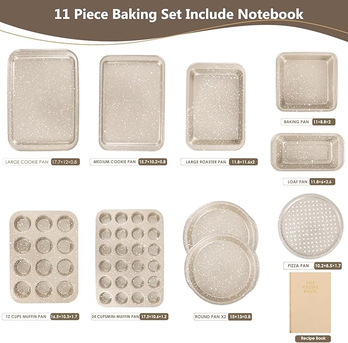 11 Piece Baking Set | Nonstick & Non Toxic Bakeware Sets Baking Pans Set | Carbon Steel Baking Supplies Include Notebook, Cookie Sheets, Roasting Pan, Muffin Pan, Cake Pan, Pizza Pan, Loaf Pan