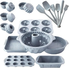 28 PCS Nonstick Silicone Baking Pans Set,With Baking Pan Cake Molds,Fluted Pans,Donut Pan,Muffin Pan,Nonstick Cake Pan Reusable Tube Oven Baking Mold for Muffin, Cake, Bread(Light Grey)