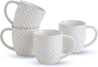 14 oz Grid Embossed Ceramic Coffee Mugs Set of 4 - White Ceramic Coffee Cups with Handle for Cappuccino Latte Tea - Dishwasher Microwave Safe Stoneware Mugs Set Housewarming Gift