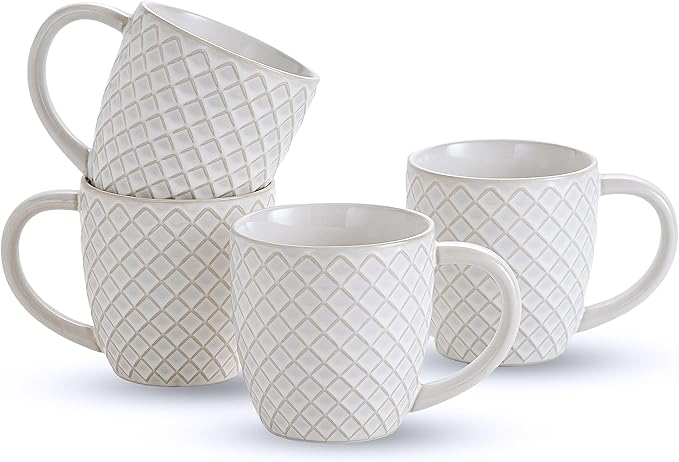 14 oz Grid Embossed Ceramic Coffee Mugs Set of 4 - White Ceramic Coffee Cups with Handle for Cappuccino Latte Tea - Dishwasher Microwave Safe Stoneware Mugs Set Housewarming Gift