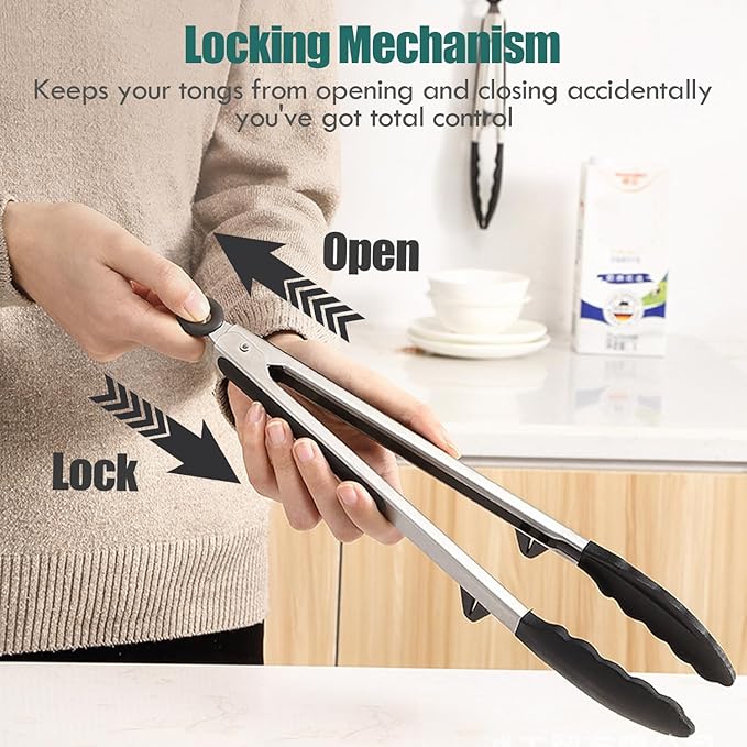 Tongs for Cooking, 12" Kitchen Tongs with Silicone Tips, Food Grade Serving Tongs Set of 3, Black