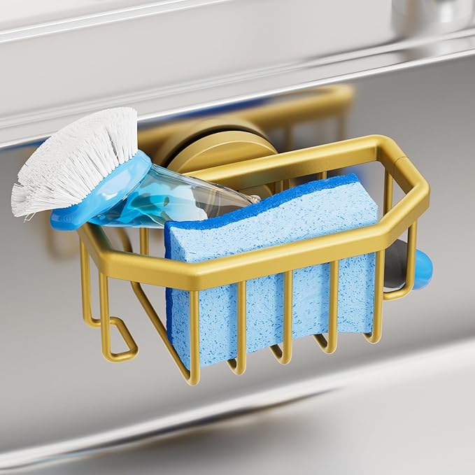 TAILI Sink Caddy with Strong Suction Cup, Sponge Holder for Kitchen Sink Organizer, Removable Sponge Caddy Inside Sink, Rustproof Aluminum Holder for Sponges, Brushes - Gold