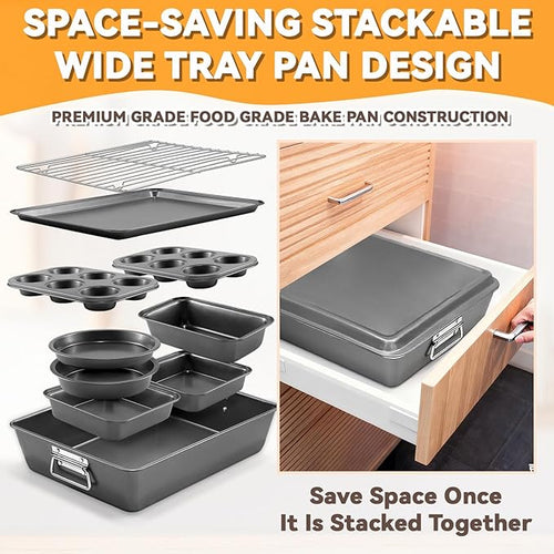 12PCS Nonstick Bakeware Set, Non-Toxic Carbon Steel Baking Pans Set with Wider Grip, Includes Roasting Pan, Cookie Sheet, Cake Pans, Muffin Pans, Cooling Rack, Oven Mitts, Easy Release