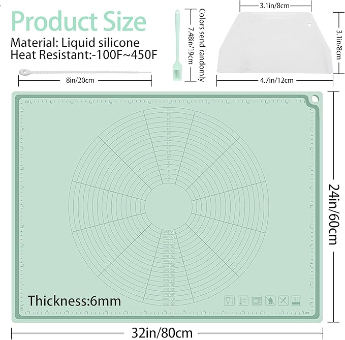 Silicone Baking Mat 32" x 24", Extra Thick Non-stick Pastry Mat with Measurements and Edge Heightening, Food Grade Silicone for Countertop Dough Rolling (With Dough Scraper/Pastry Brush/Cable Tie)