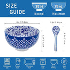 Japanese Ceramic Bowls Set of 6, 28 Oz Large Asian Porcelain Ramen Soup Salad Cereal Noodle Bowl with 6 Spoons, Deep Bowl for Kitchen Decor and Housewarming Gift, Dishwasher & Microwave Safe