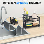 2-Tier Sink Sponge Caddy Organizer | Self Drain Sink Caddy with Dish Brush Holder | Non Toxic Kitchen Sink Accessories for Sponges, Brushes & Soap (Black)