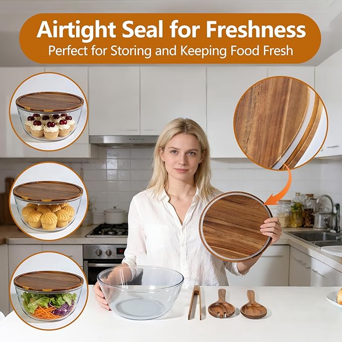 Anyvape Glass Salad Bowl Set, Extra Large 4.8QT Serving Bowl with Acacia Wood Lid & Utensils – Heavy-Duty Glass Bowl for Salad, Mixing, Parties & Charcuterie