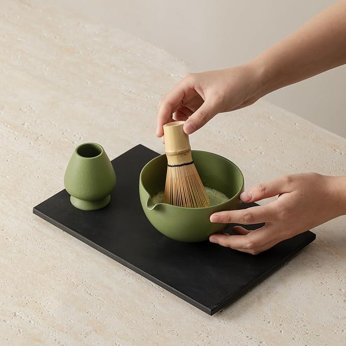 Matcha Whisk Set, Matcha Set with Ceramic Matcha Bowl, Bamboo Whisk & Holder, Sifter, Tea Scoop (Matcha Green)
