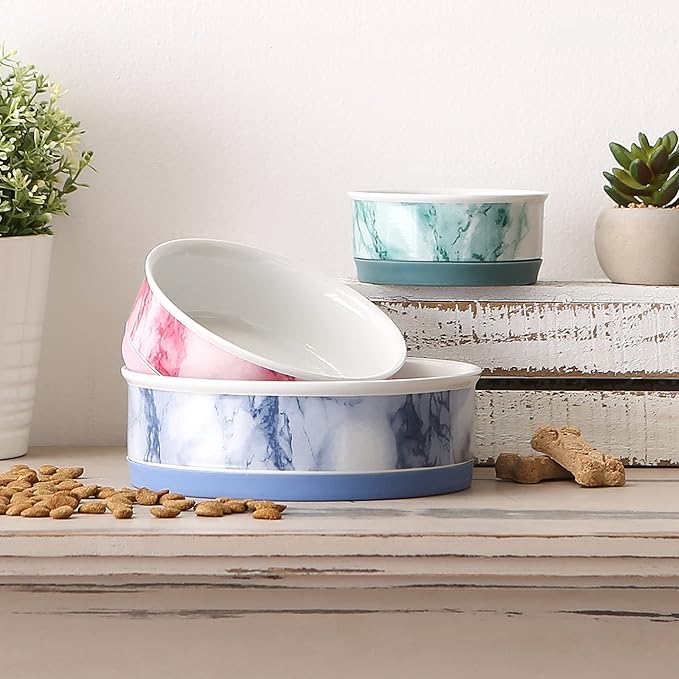 Bone Dry Ceramic Marble Non-Slip Pet Bowls, Dishwasher Safe, Small Set, 4.25x2, Blue, 2 Count