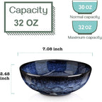 vicrays Ceramic Salad Bowls Set for Kitchen, Serving - 32 Ounce Soup Bowls, Pasta Bowls, Chip Resistant, Dishwasher Microwave Safe, Large, Fluted, stoneware, Set of 6 (Blue)