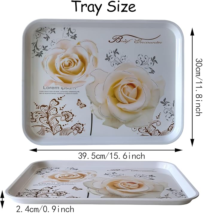 Large Serving Platter Melamine Trays 2 Pack Stackable Food Tray with Floral Print for Gift, Party, Decor, Home, Restaurant (Gold Rose, Medium)