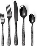 20 Piece Black Modern Flatware Set Hammered Silverware Set Stainless Steel Fine Vintage Dining Cutlery Utensil Set Forged with Hammered Handle Service for 4 Reusable Mirror Finish Dishwasher Safe