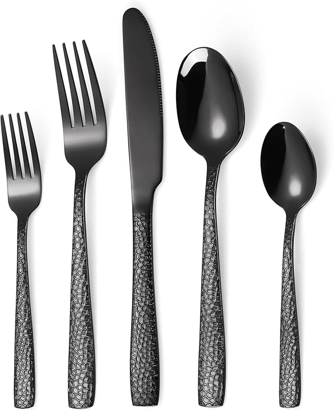 20 Piece Black Modern Flatware Set Hammered Silverware Set Stainless Steel Fine Vintage Dining Cutlery Utensil Set Forged with Hammered Handle Service for 4 Reusable Mirror Finish Dishwasher Safe