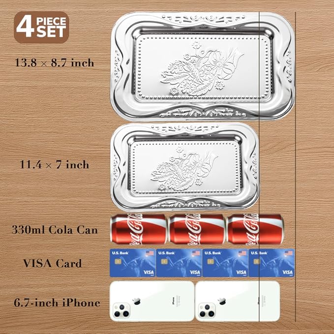 4-Pack Small Silver Serving Trays Set - ZENOVLUX Lightweight Bow Floral Engraved Mirror Decorative Tray, 11.4" x 7" Party Platters for Easter, Food, Appetizer, Charcuterie, Cookies, Desserts