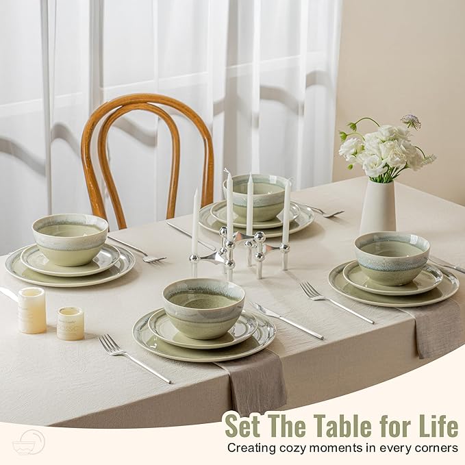 Dafuceramic Plates and Bowls Sets, 12 Pieces Grass Green Dinnerware Sets for Kitchen, Reactive Glaze Dishes Set for 4, Dishwasher and Microwave Safe, Series Starflecked Shore (Grass Green)