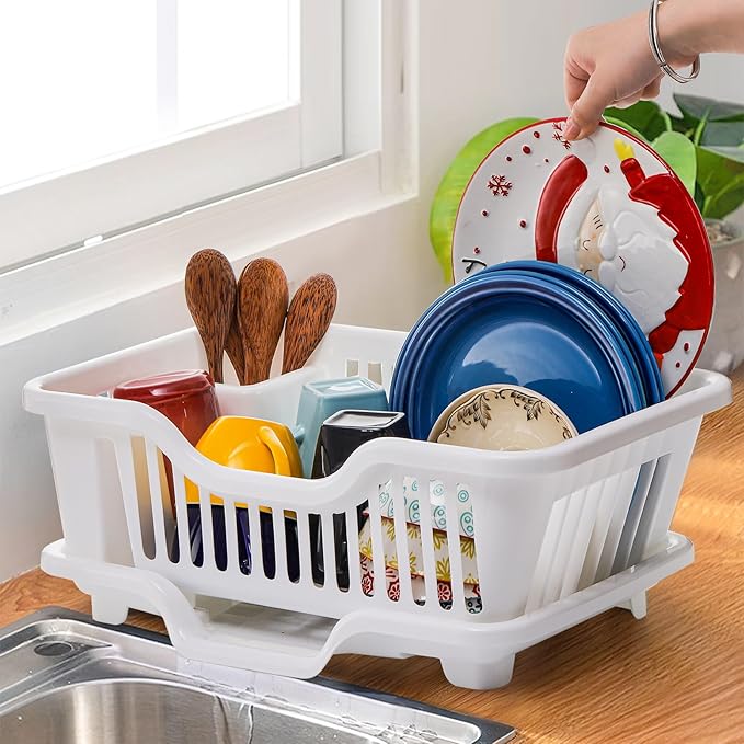 Noamus 2-Piece Plastic Dish Drying Rack, Heavy Duty Sink Set Dish Rack, White Large Drainer with Attached Drainboard Utensil Cup Holders for Home Kitchen Counter Top Organizers