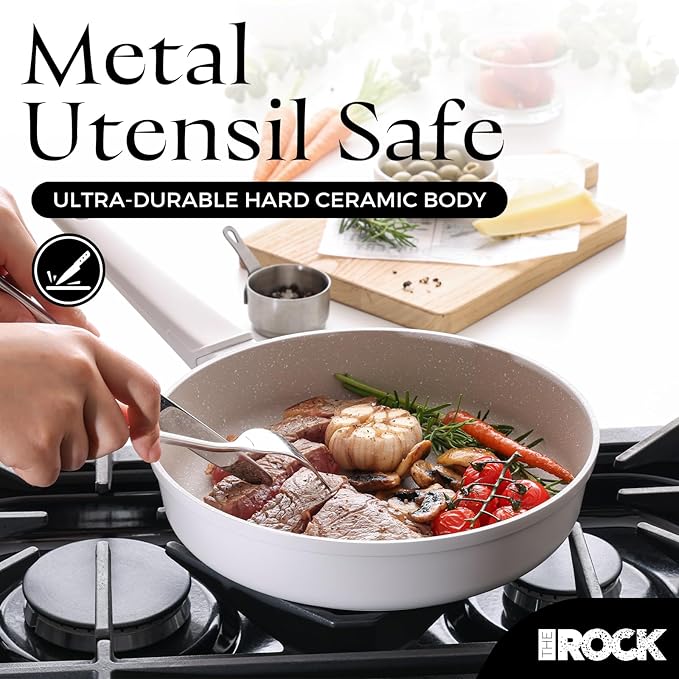 THE ROCK SOHO 11-Inch Non Stick Frying Pan with Lid–Nothing Sticks, Never Warps, Lasts Longer, Ceramic Non Toxic Skillet with Heat-Resistant Handle, PTFE PFOA&PFAS Free, Dishwasher Safe, Cream
