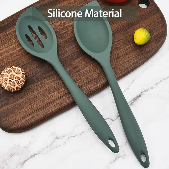 2-Pieces Silicone Cooking Spoon Spatula, Large Serving Spoons for Solid and Slotted, Heat Resistant Non-Stick Silicone Cooking Utensils Set, for Kitchen Mixing, Scooping, and Scraping